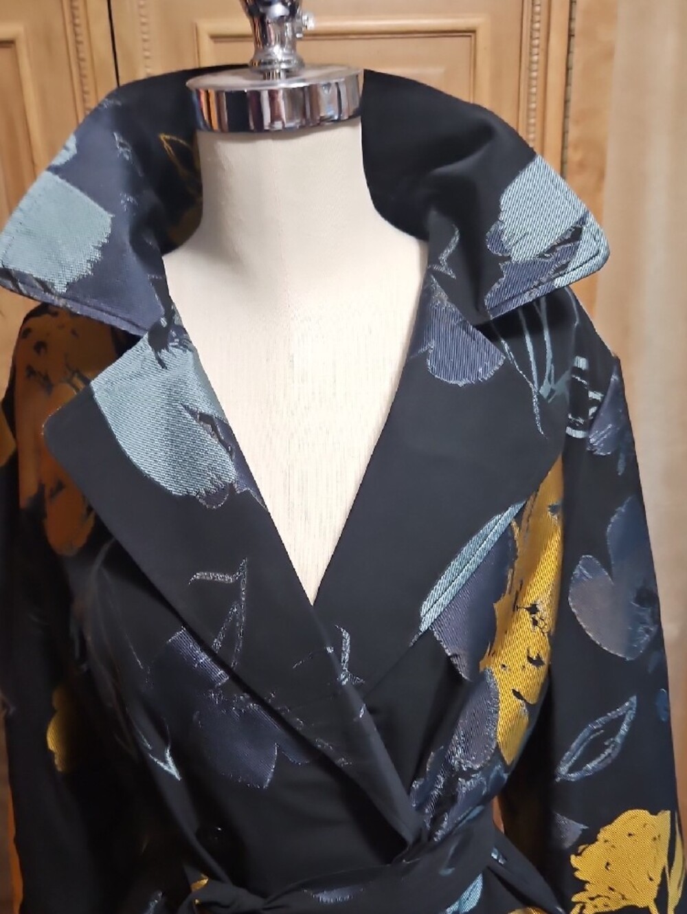Chico's Stunning Black Trench Coat with Blue & Gold Floral Print - Picture 5 of 11
